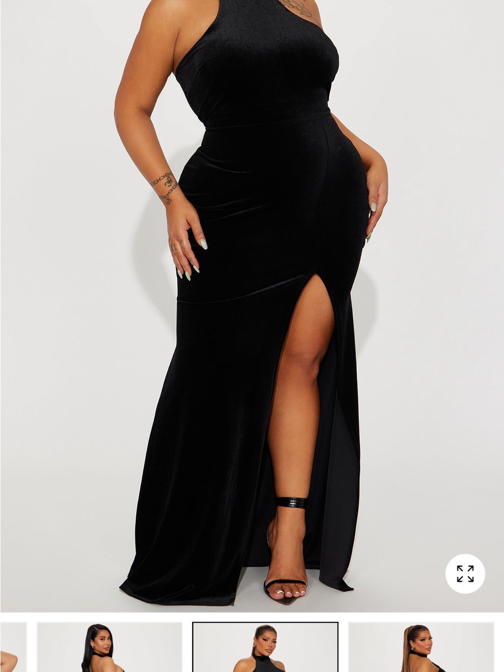 Black One-Shoulder Velvet Maxi Dress with Thigh Slit